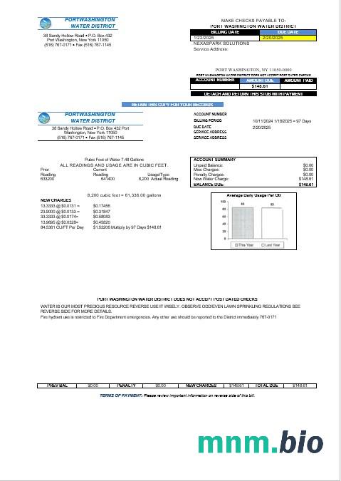 USA New York Port Washington Water District rachunek za usługi komunalne szablon w formacie Word i PDF
